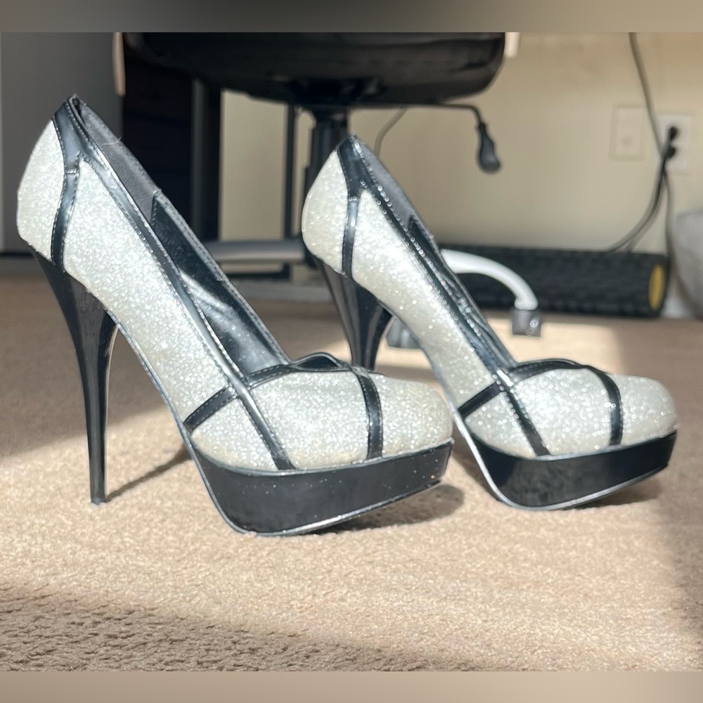 Silver and black glitter heels